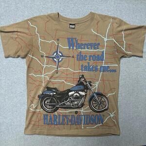 Vintage Men’s Large 1995 Harley Davidson AOP Shirt Map Brown Single Stitch